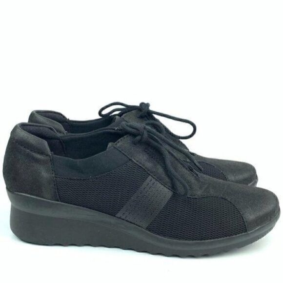 Clarks cloudsteppers caddell fly 8.5 black leather fashion sneaker - Picture 1 of 8